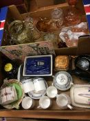 Two boxes of coloured and plain glass and china