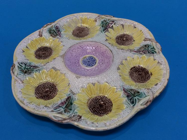 A Victorian majolica sunflower oyster dish, by Samuel Lear and a Victorian majolica water jug of - Image 3 of 8