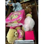 Two boxes of teddies etc.