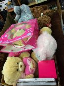 Two boxes of teddies etc.