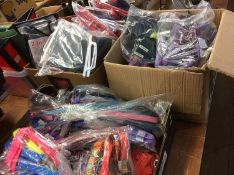 Three boxes of dog collars, leads and coats