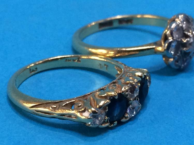 A diamond and sapphire ring and a diamond cluster ring, marks rubbed - Image 2 of 2