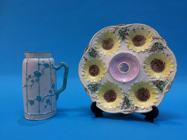 A Victorian majolica sunflower oyster dish, by Samuel Lear and a Victorian majolica water jug of