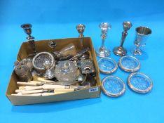 Tray of assorted including silver candle sticks, assorted plated wares, cutlery etc.