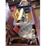 Three boxes including cigarette cards, stamps, plated items etc.