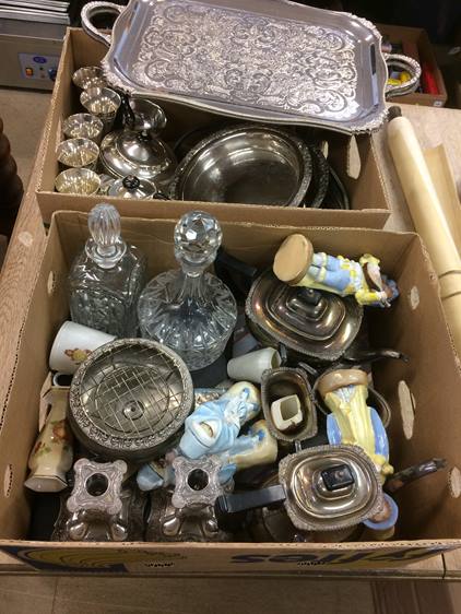 Two boxes of silver plate, glass and china