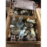 Two boxes of silver plate, glass and china