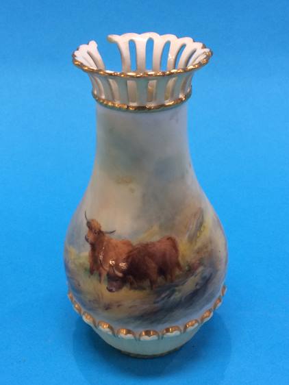 A Royal Worcester vase by Harry Stinton decorated with Highland cattle, numbered G1061, 13.5cm high