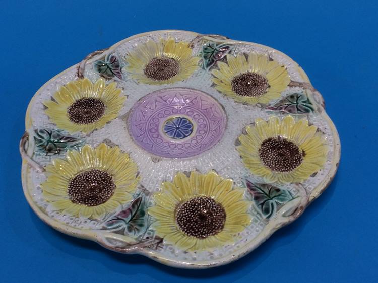 A Victorian majolica sunflower oyster dish, by Samuel Lear and a Victorian majolica water jug of - Image 2 of 8