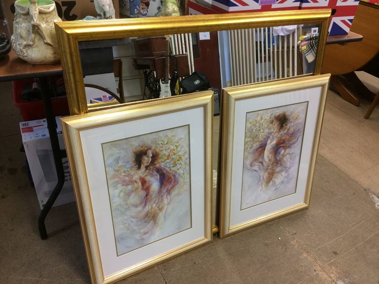 A square gilt mirror and two Gary Benfield Limited Edition prints