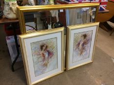 A square gilt mirror and two Gary Benfield Limited Edition prints