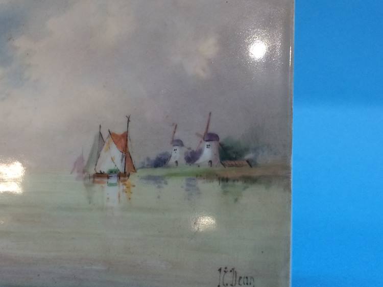 A small porcelain plaque decorated with sailing vessels and windmills, signed ** Dean, 10cm x 18cm - Image 3 of 3