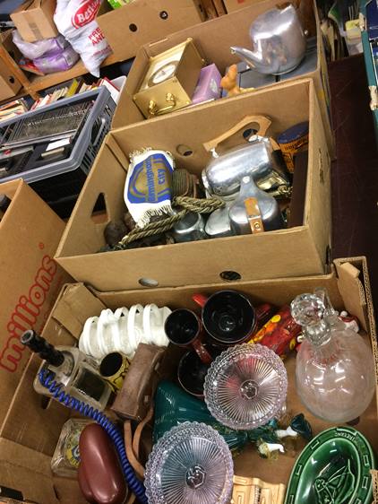 Three boxes including pressed glass and picquot ware