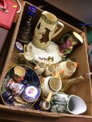 A box of pottery, toby jugs, glass etc.