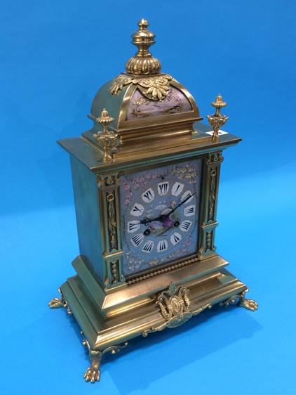 An early 20th century French brass mantel clock with 8 day movement, strike action, silvered dial, - Image 3 of 3