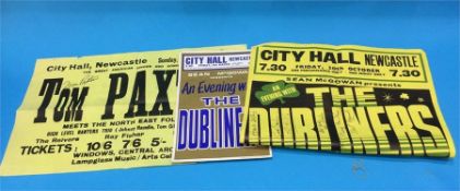 Three original Durham City Hall posters, two signed by The Dubliners and one signed by Tom Paxton