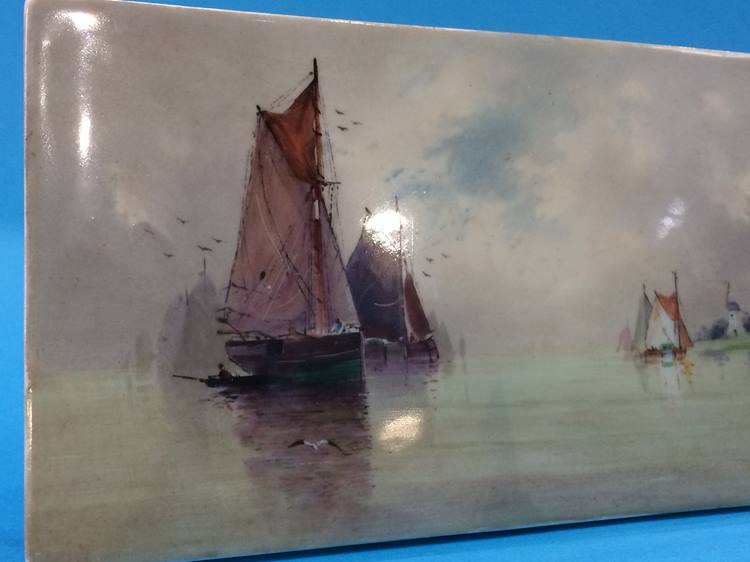 A small porcelain plaque decorated with sailing vessels and windmills, signed ** Dean, 10cm x 18cm - Image 2 of 3