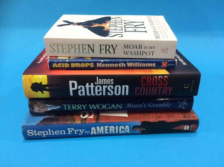 Books: signed by Terry Wogan, Kenneth Williams, James Patterson and two by Stephen Fry