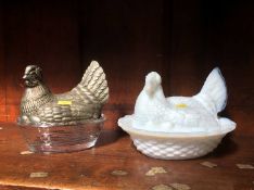 Pressed glass chicken and basket and one other