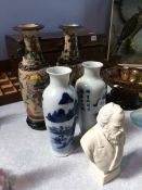 Two pairs of Oriental vases and a Parian bust