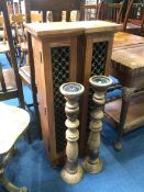 Pair of CD cabinets and two wooden candlesticks
