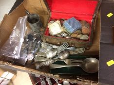 Tray of assorted coins, cutlery etc.