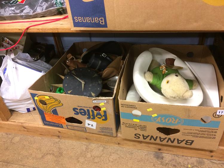 Two boxes of assorted including a Metamec clock