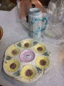 Majolica oyster dish and a jug