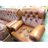 Brown leather Chesterfield style three piece suite