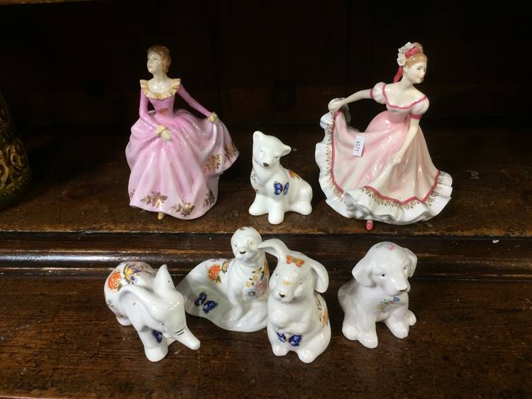 Pair of Royal Albert figures and five Aynsley animals