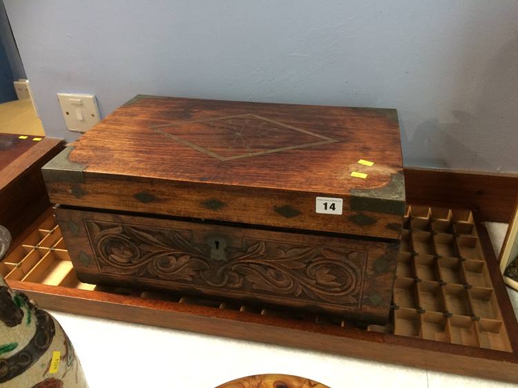A mahogany work box with fitted interior etc.