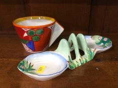 Clarice Cliff toast rack and reproduction cup