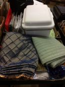 Two trays of assorted fabric etc.