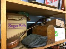 Shelf of assorted including a copper bed pan and a ZX81