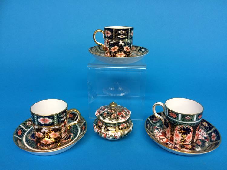 A Royal Crown Derby Imari pill box and three Royal Crown Derby coffee cans and saucers - Image 2 of 2