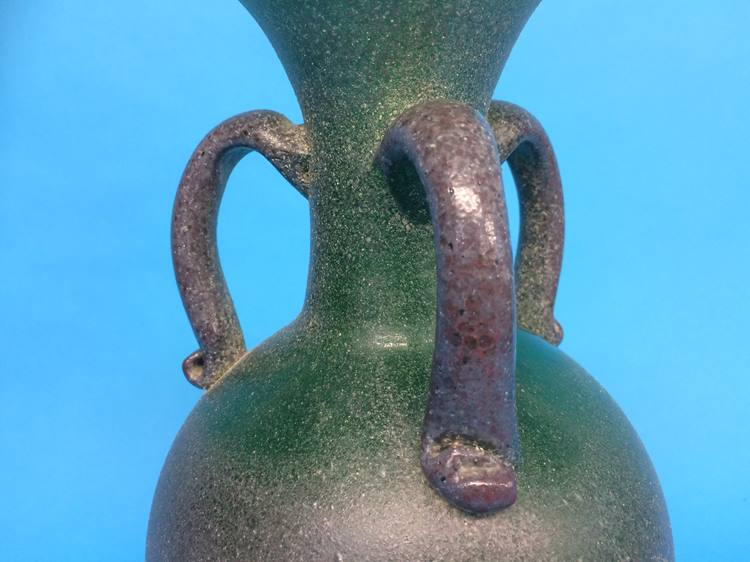 An Antique style speckled green glass three handled vase - Image 3 of 3