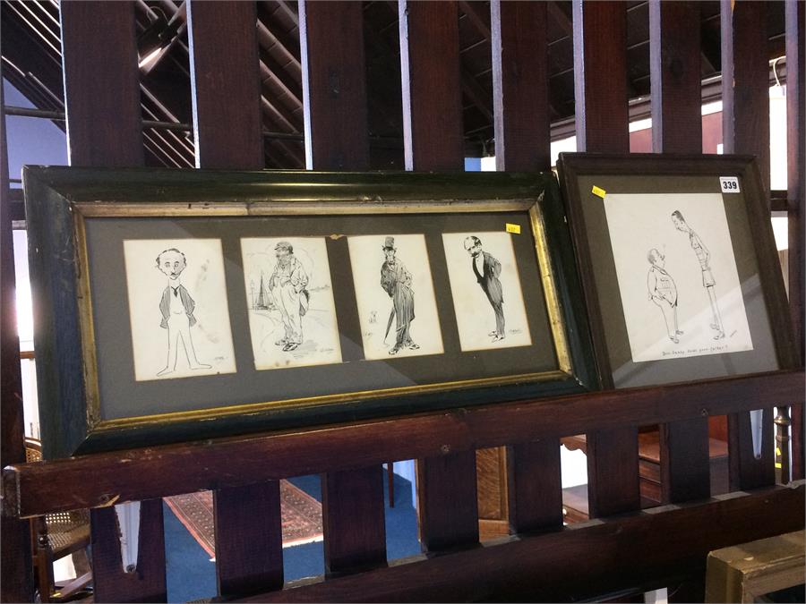 Print, 'Now Sandy how's your Father?' and four framed caricatures