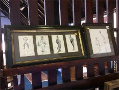 Print, 'Now Sandy how's your Father?' and four framed caricatures