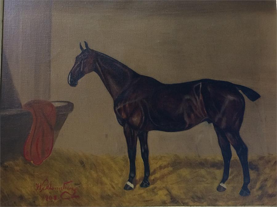 W.C. Armstrong ?, oil on canvas, signed, dated 1908, 'Horse in a Stable', 42cm x 54cm - Image 2 of 2