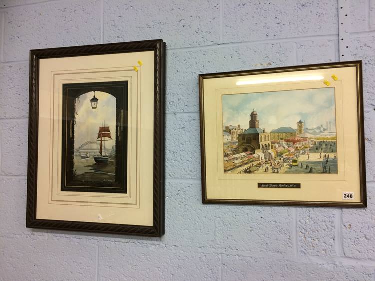 Two watercolours; 'The Tyne Bridges' by John Holmes and 'South Shields Market 1896', monogrammed KH