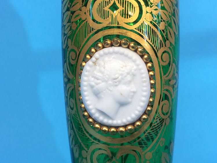 A 19th century Bohemian green glass vase with gilt decoration, with applied cameo, 28cm high - Image 3 of 3
