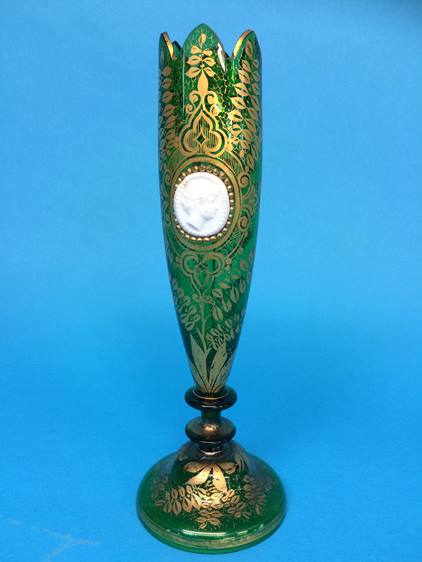 A 19th century Bohemian green glass vase with gilt decoration, with applied cameo, 28cm high