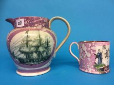 A Sunderland purple lustre jug and a tankard (2)