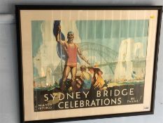 A framed and mounted reproduction Sydney Harbour Bridge poster