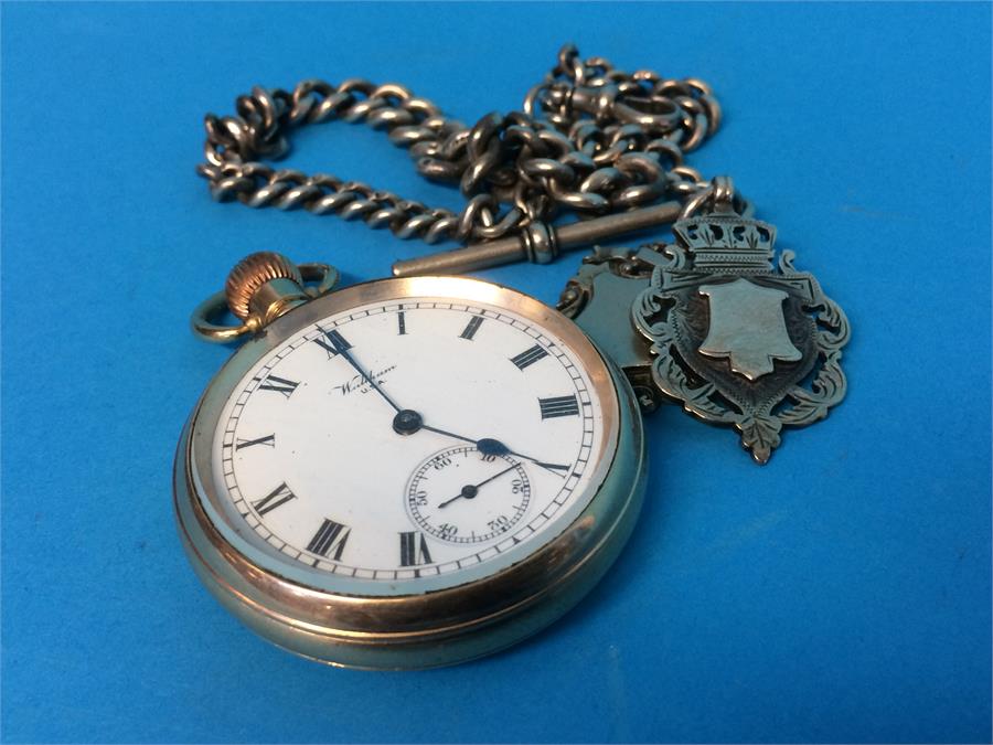 A gold plated Waltham pocket watch, together with a silver Albert - Image 2 of 2