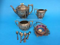 A silver plated three piece tea set, silver spoons, various and a preserve pot