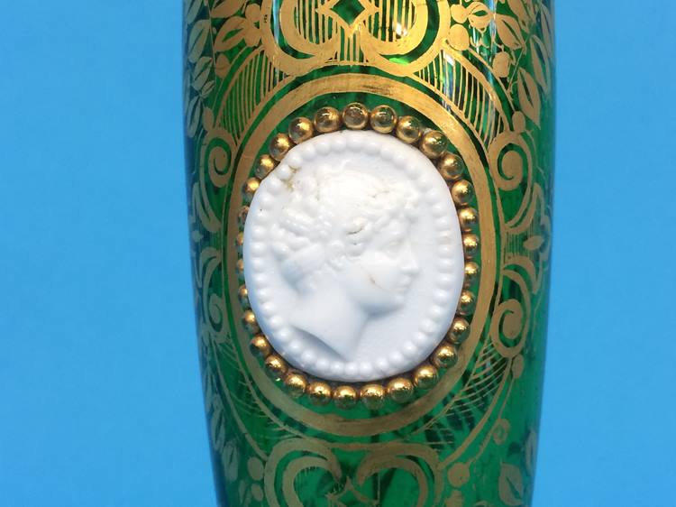 A 19th century Bohemian green glass vase with gilt decoration, with applied cameo, 28cm high - Image 2 of 3