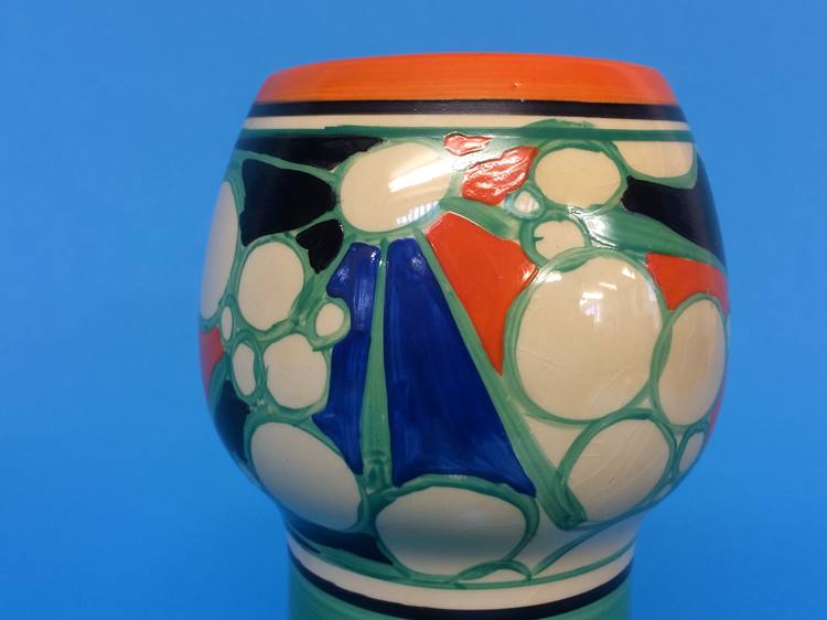 A large Clarice Cliff Fantasque 'Broth' pattern vase, shape 268, circa 1930, hand painted with a - Image 3 of 4