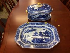 A Spode blue and white tureen and stand and a meat plate