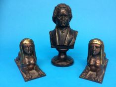 A bust of Beethoven and a pair of bronze sphinx